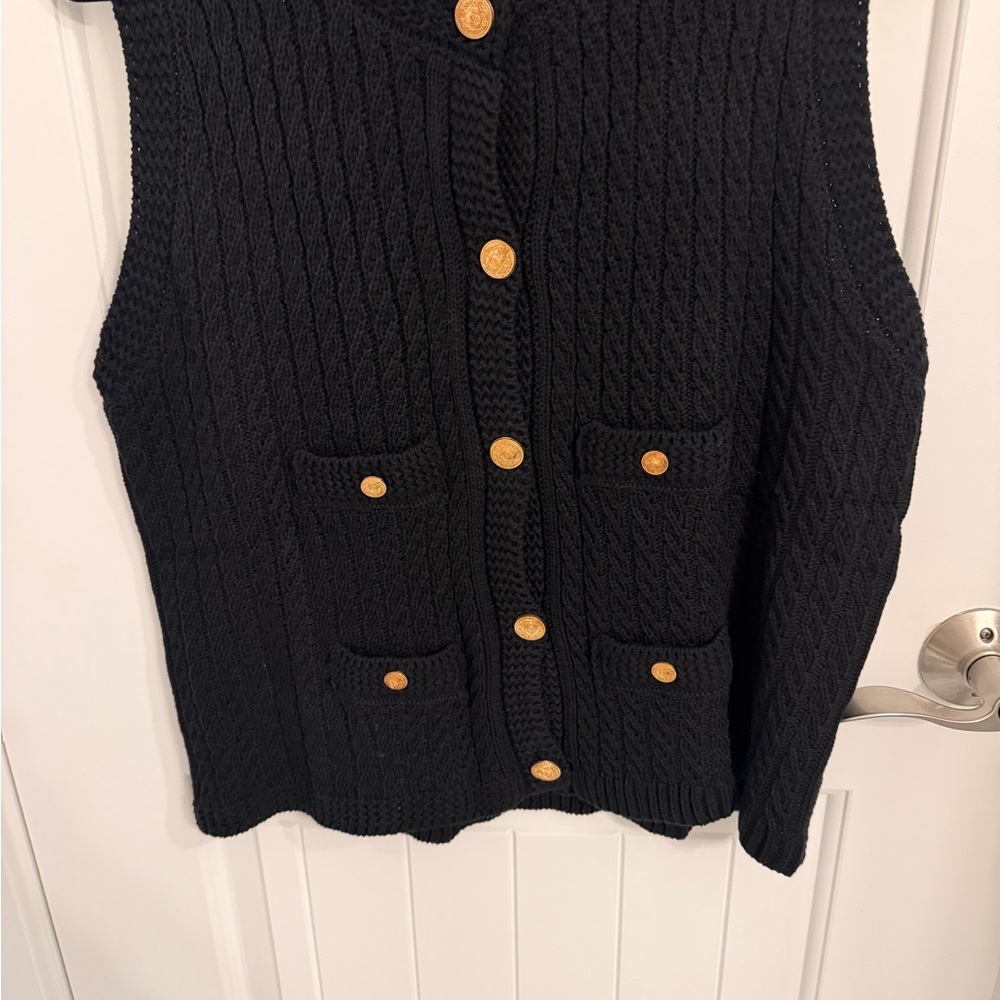 NWT Black Sleeveless Knit Vest with Gold Buttons